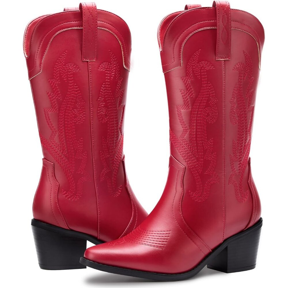 Women's Red Embroidered Pointed Toe Mid Calf Chunky Block Western Heel Boots - Picture 4 of 7